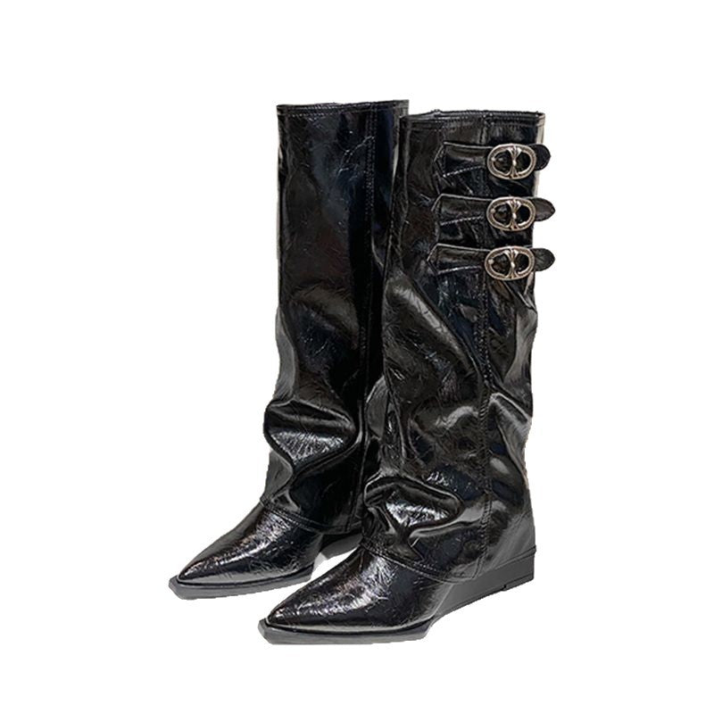 Women's Sheepskin Version Height Increasing Pantyhose Skinny Retro Below The Knee Women's Leather Boots