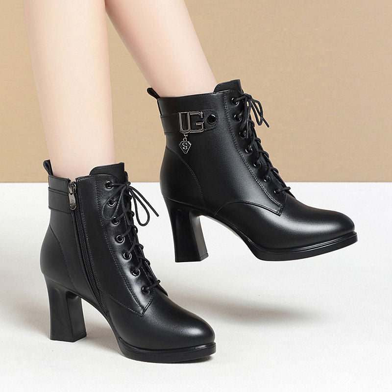 Women's & Men's High Short Fleece Thick Side Zipper Women's Leather Boots