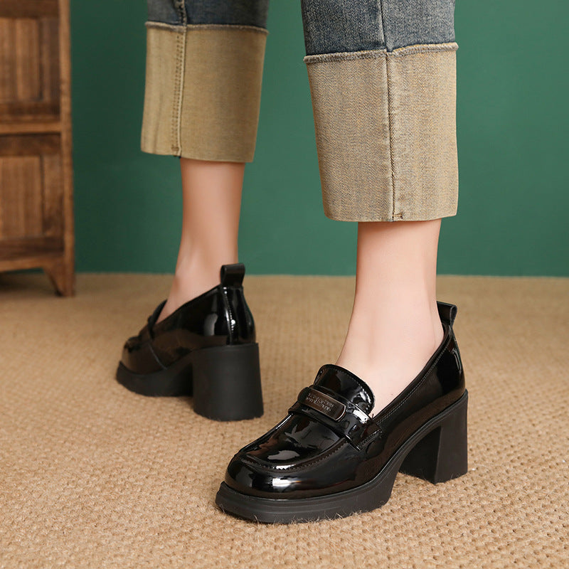 Women's Cowhide British Style High Spring Chunky Platform Comfortable Heels