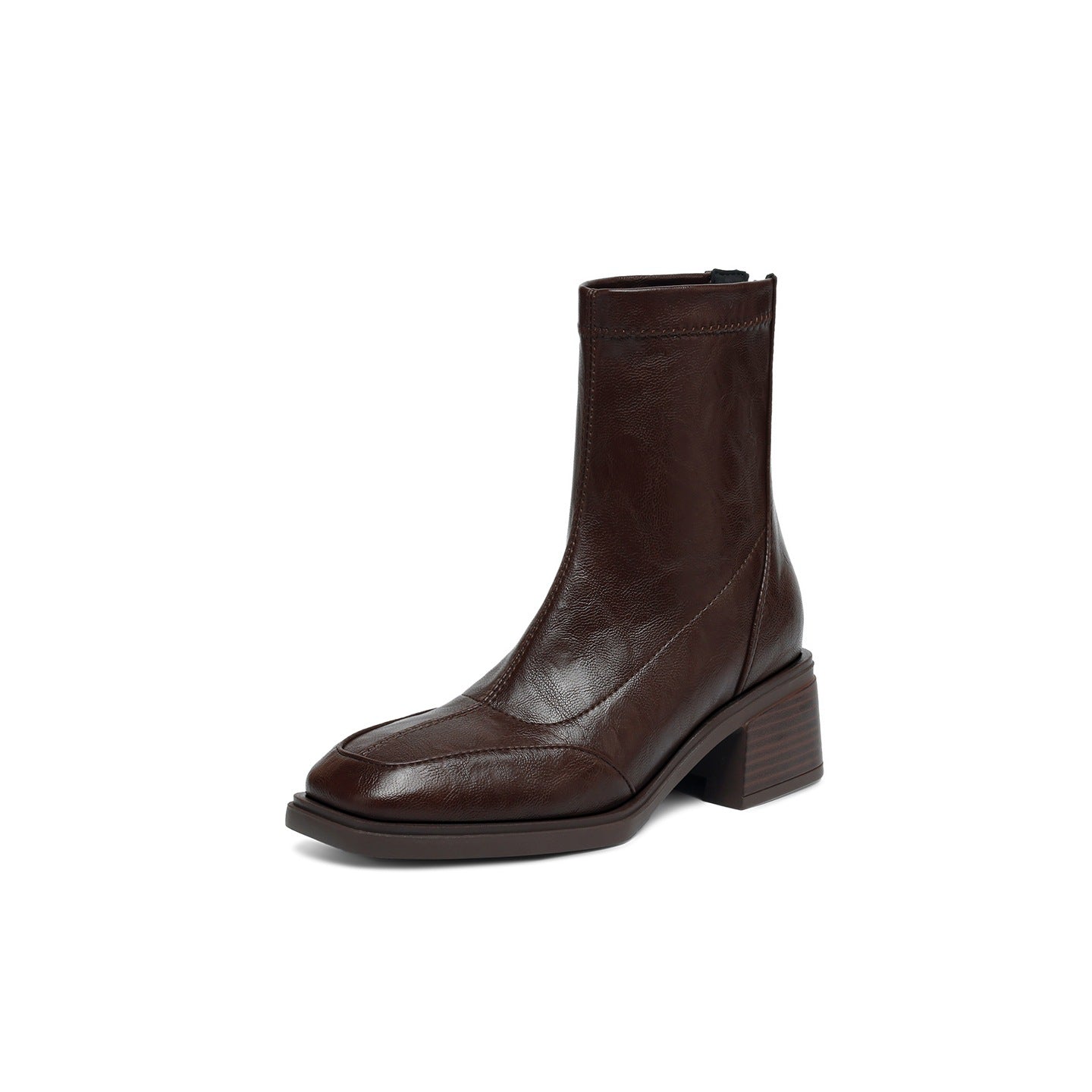 Women's Square Toe Fashion Chunky Short For Autumn Stretch Thin Mid Women's Leather Boots