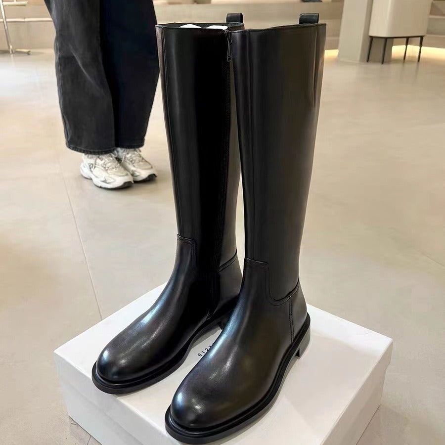 Women's Mom Simple Round Head Low Side Zipper Fashion Women's Leather Boots