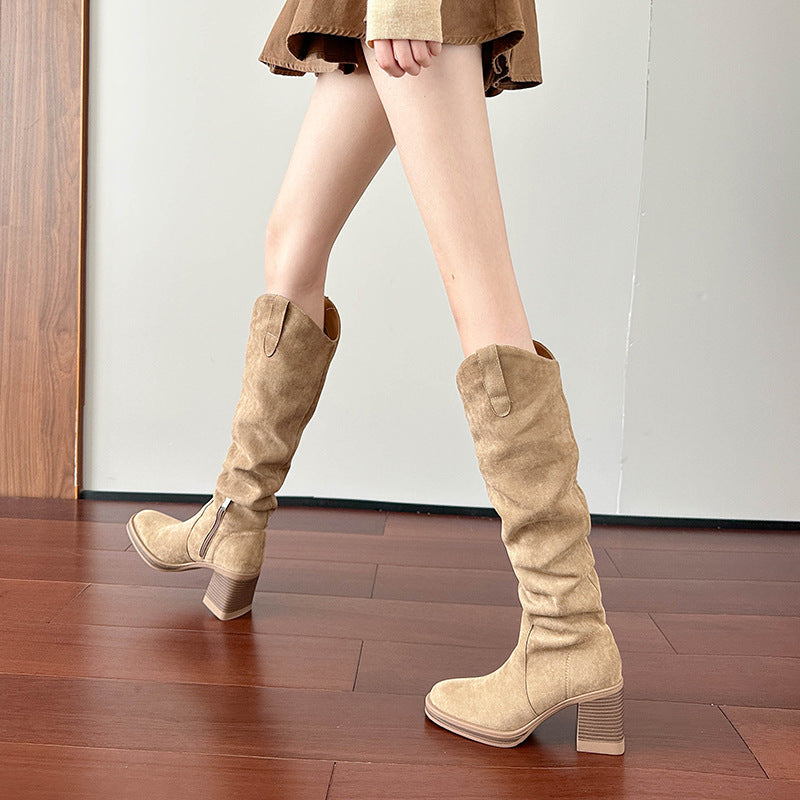 Women's Pile Style V Cut Round Toe Thick Women's Leather Boots