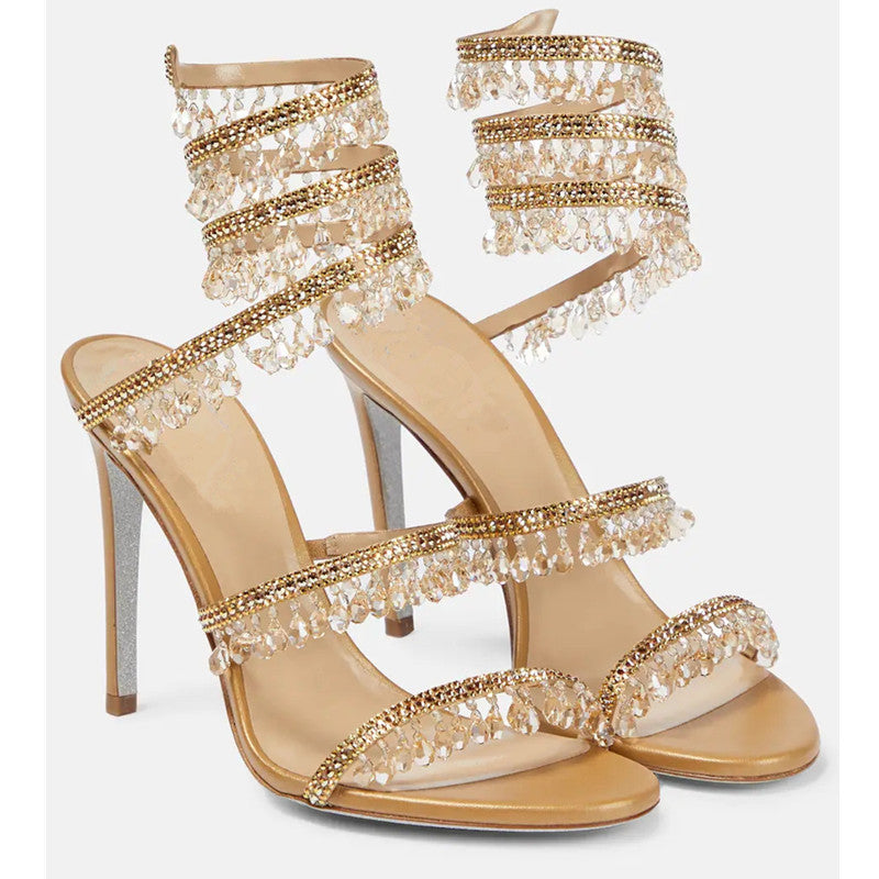 Women's Crystal Pendant Snakelike Winding Rhinestone Tassel Decoration Large Size Flat Sandals