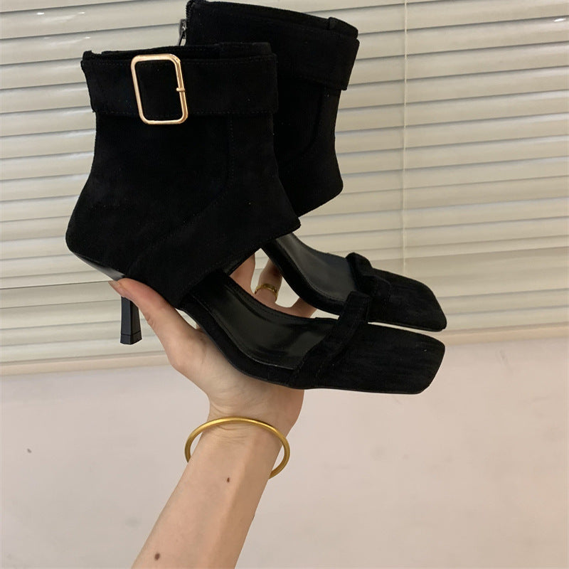 Little Fairy Vintage Suede Open Toe Belt Buckle Heels