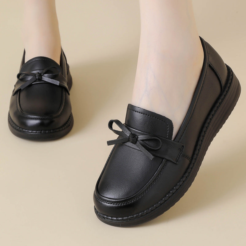 Women's Round Toe Pumps Style Spring Mom Leather Shoes
