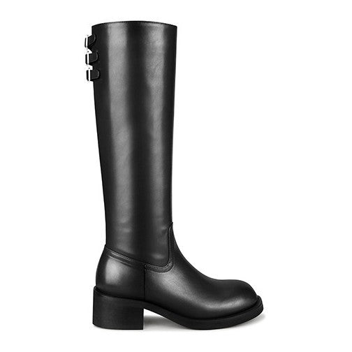 Version French Chunky Belt Buckle Side Zipper Slimming Straight Female Women's Leather Boots