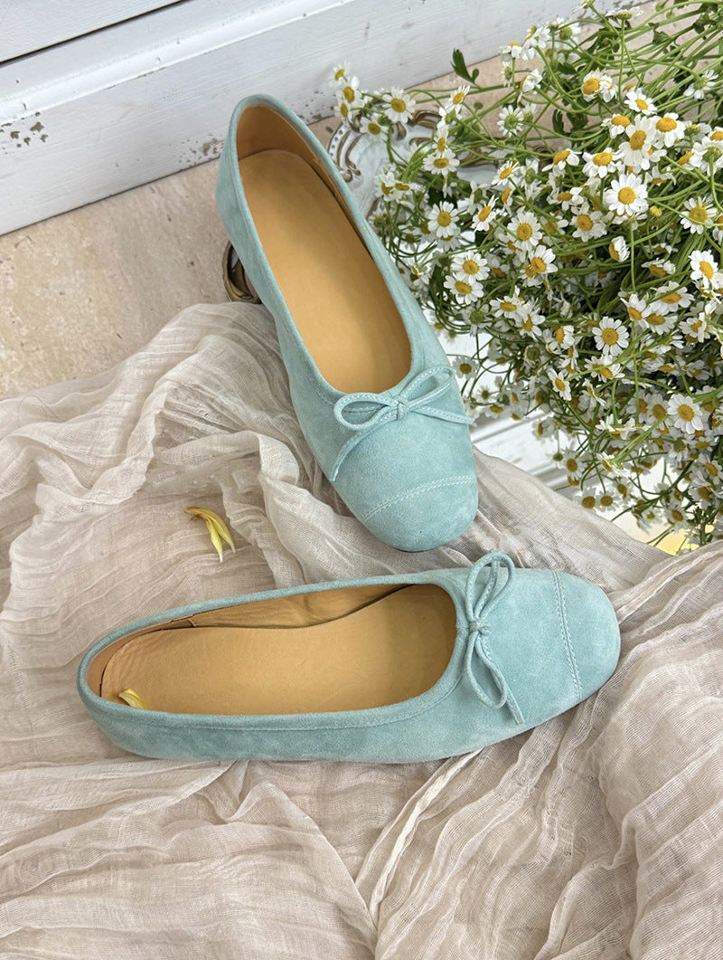 Women's Niche Shallow Mouth Sheepskin Retro Yellow Bow Fairy Style Women's Fashion Shoes