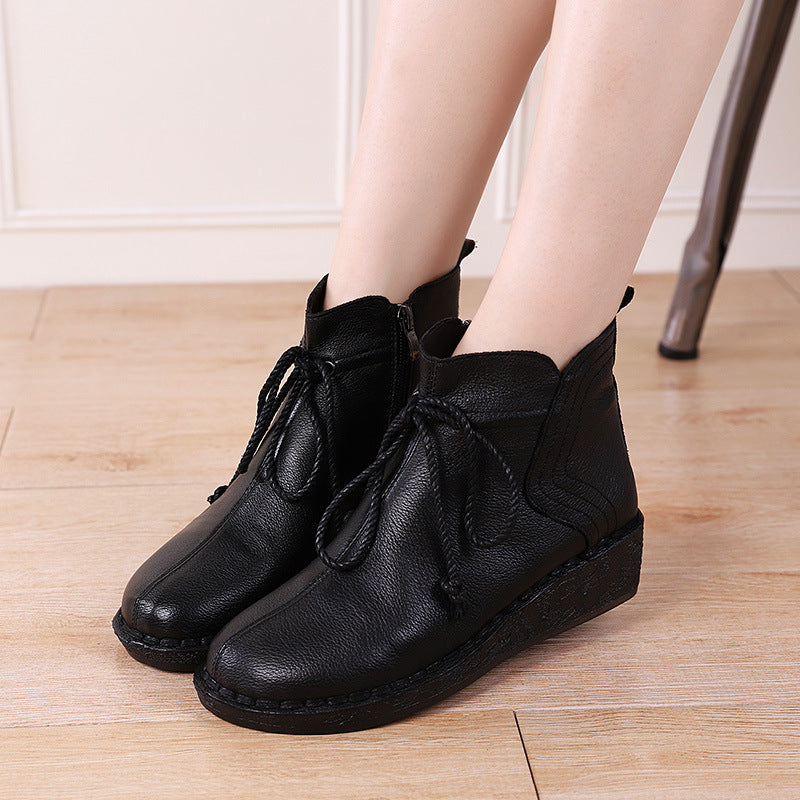 Women's Wedge Side Zipper Round Toe Vintage Height Leather Shoes