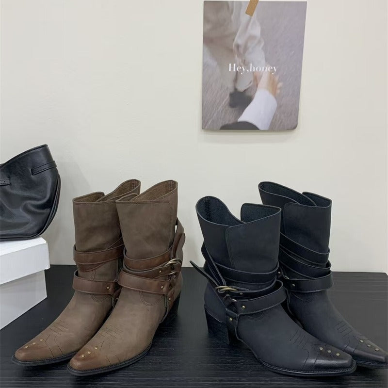 Women's Small Square Pointed Ankle Embroidery Western Cowboy Distressed Women's Leather Boots