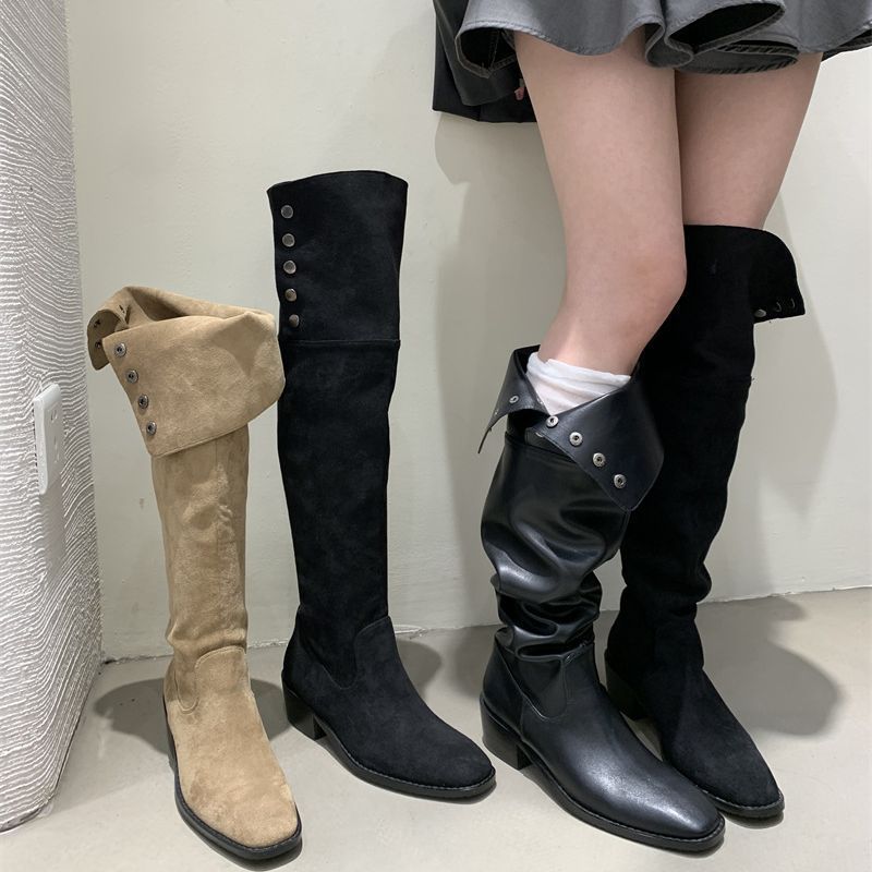 Style Large Tube Circumference Thick Below The Knee Rivet Soft Women's Leather Boots