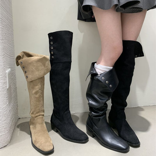 Style Large Tube Circumference Thick Below The Knee Rivet Soft Women's Leather Boots
