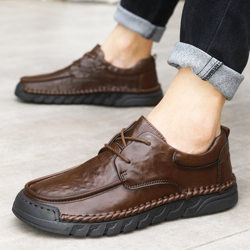Men's Handmade Stitching Business Round Head Soft Bottom Hollow Punch Men's Casual Leather Shoes