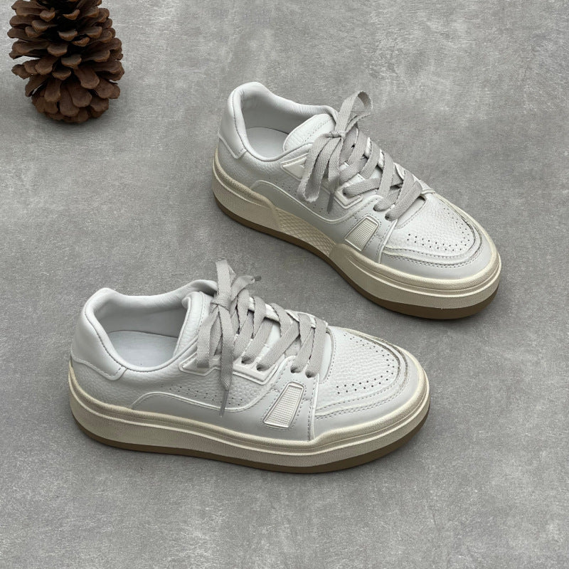 Women's Cowhide Platform White Round Toe Lace Up Muffin Women's Fashion Shoes