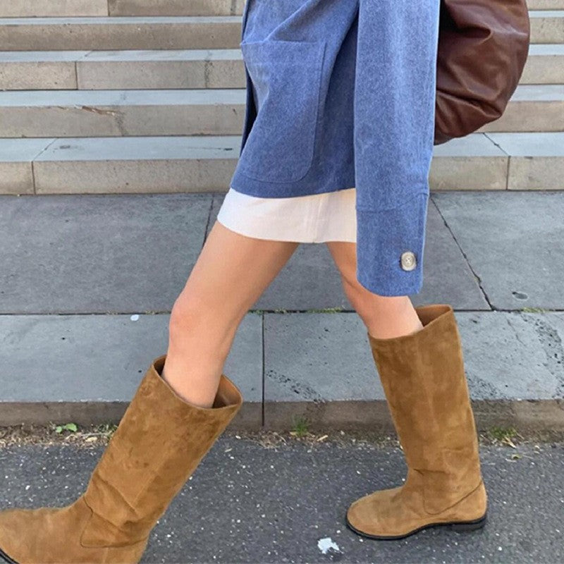 Women's Korean Style Suede Knee-high Flat Slimming Below The Knee Women's Leather Boots