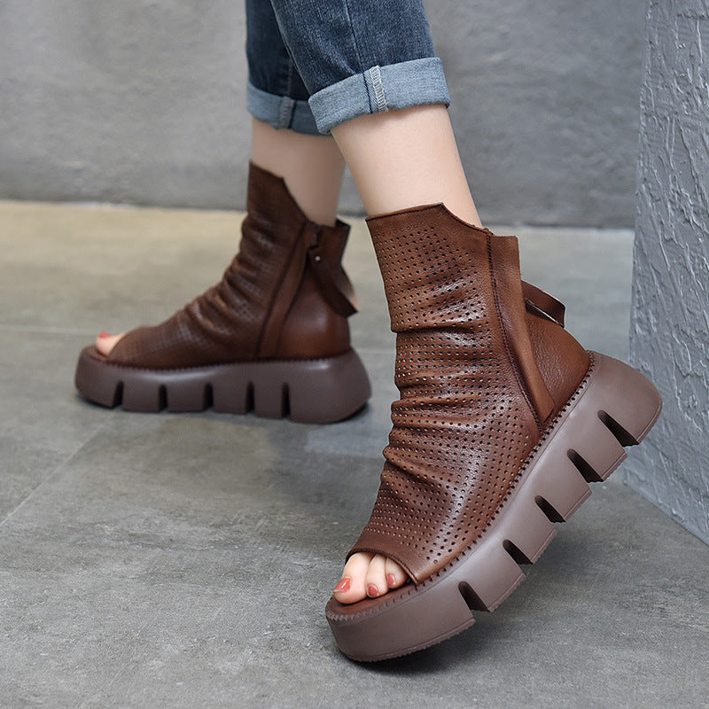 Women's Fashion Platform Cowhide Genuine Hole Peep Flat Sandals