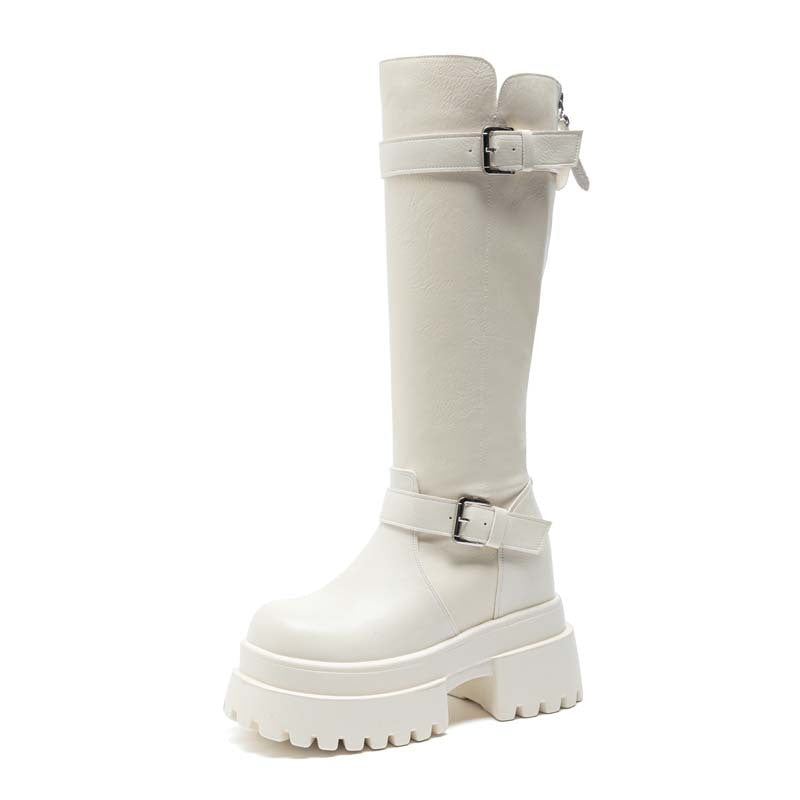 Muffin Platform Thin Slim Fit Tall Knight Height Increasing Insole Women's Leather Boots