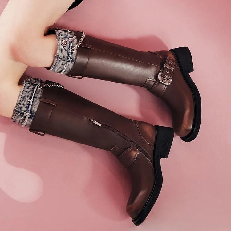 Women's Motorcycle Denim Metal Buckle Genuine Knee-high Boots