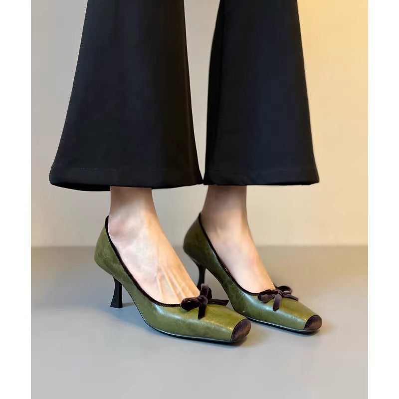 Women's Elegant Stiletto Low-cut Bowknot Square Toe Avocado Women's Shoes