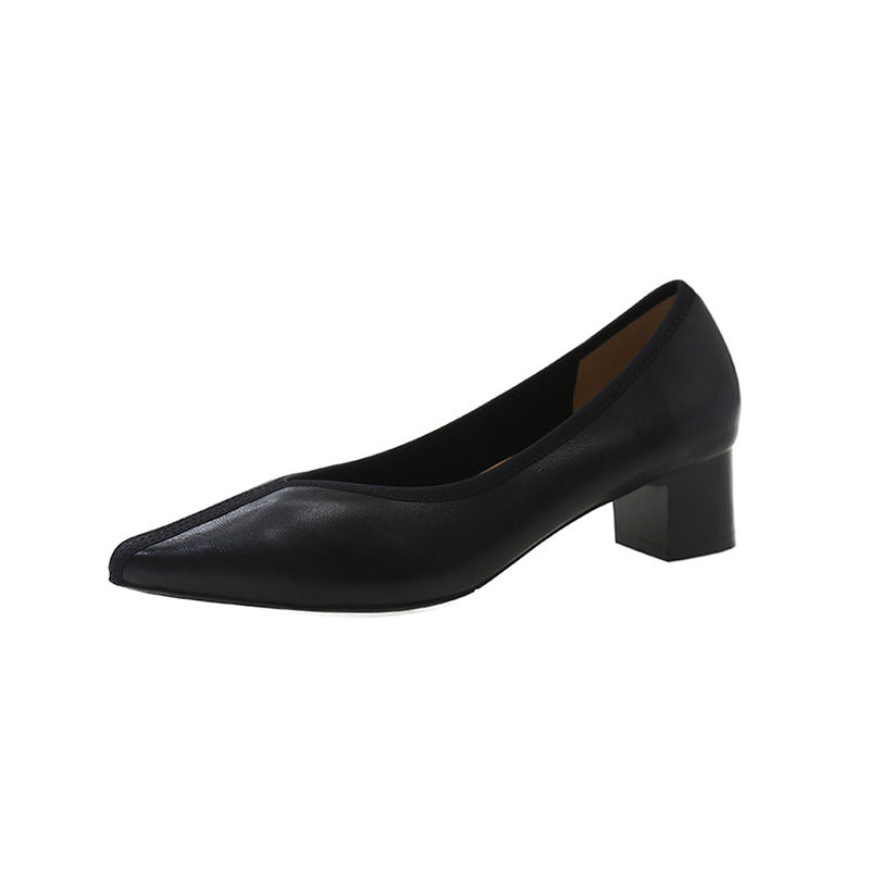 Women's Vintage Spring Genuine Thick Mid Soft V Cut Pointed Toe Women's Fashion Shoes