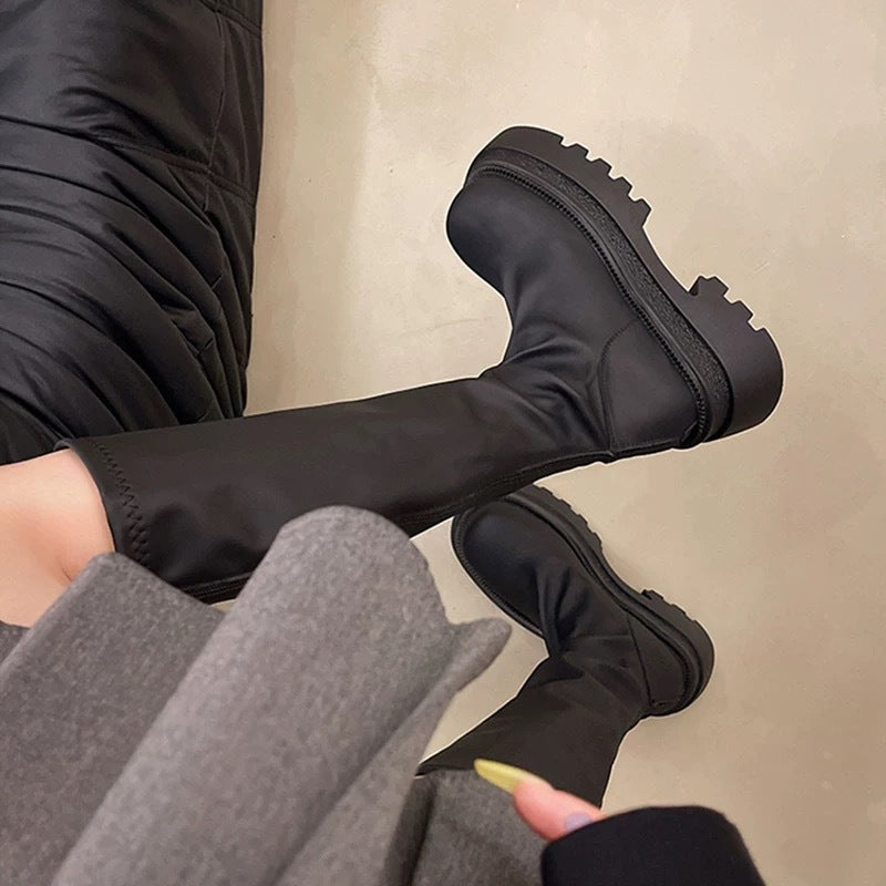 Fleece-lined Pleated Stretch Muffin Thick Bottom Thin Long Female Slimming Women's Leather Boots