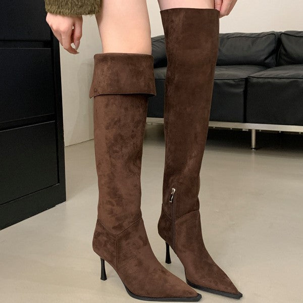 Small Two-way Side Zipper Pointed Toe Suede Boots