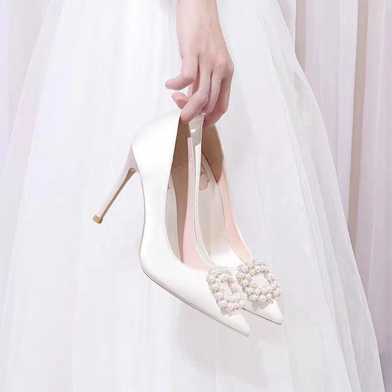 Women's Rhinestone Buckle High Stiletto Pumps Satin Women's Fashion Shoes