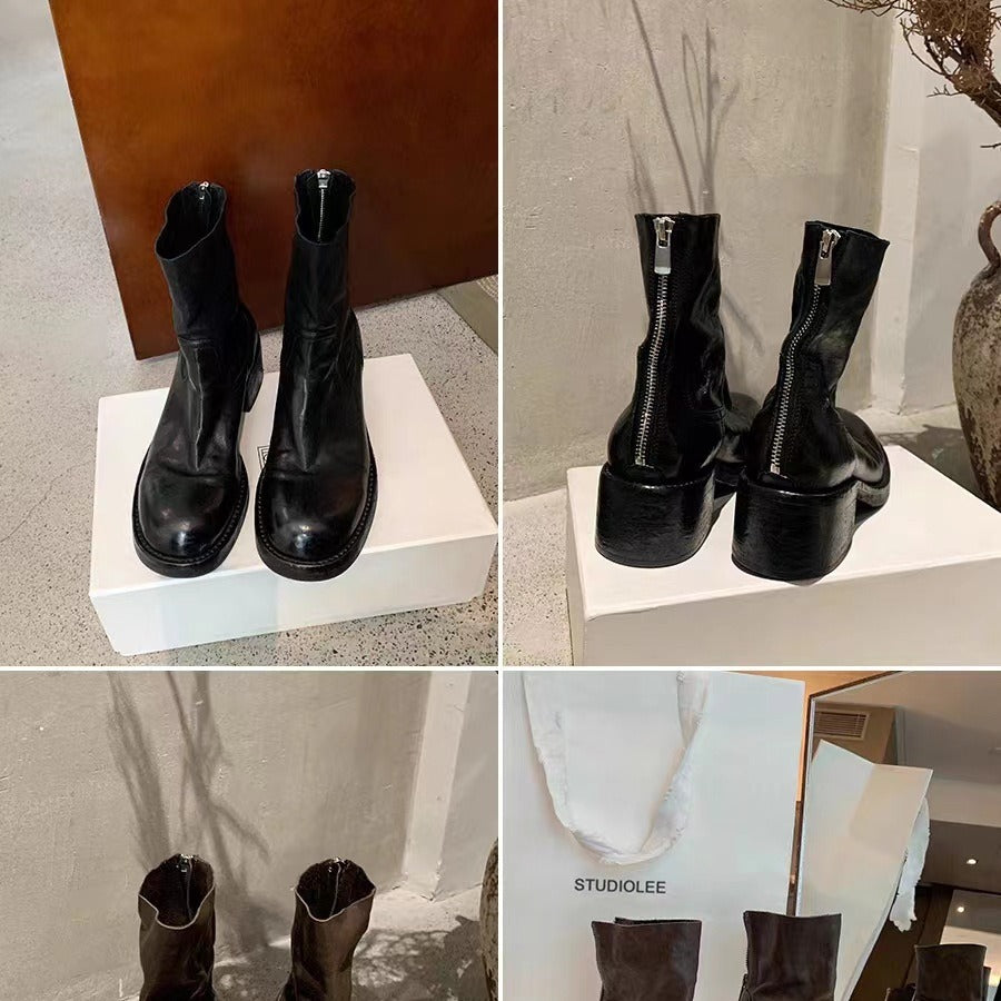 Women's Version Western Style Martin Retro Chunky Back Zipper Horse Short Women's Leather Boots