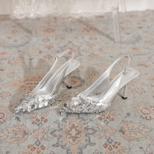 Women's Stiletto Sequined Sier Summer Fashion Low-cut High Heeled Sandals