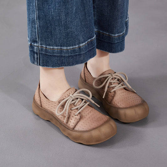 Women's Embossed Retro Lace Up Pumps Spring Comfort Flat Women's Casual Shoes