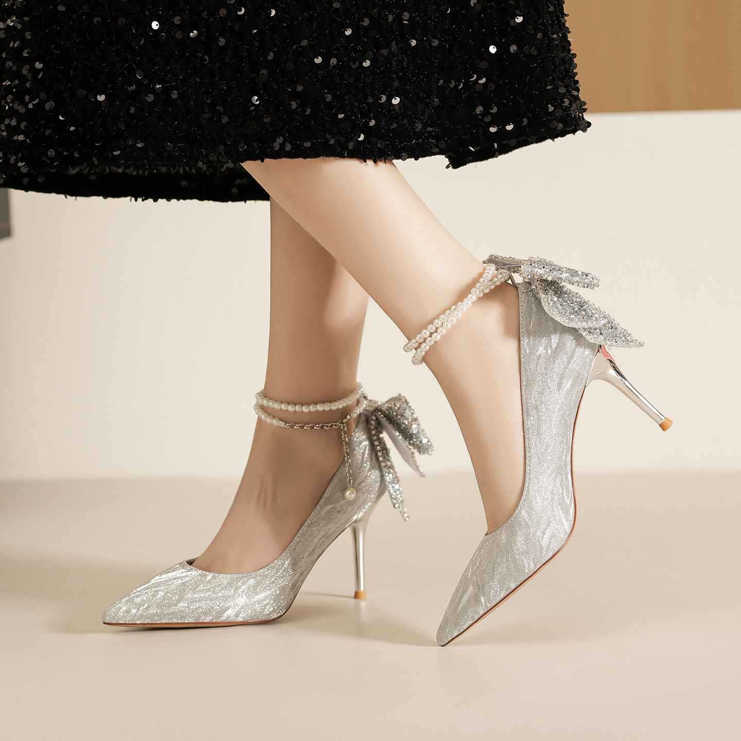 Women's Bow Glitter Stiletto Pointed Wedding Dress Women's Fashion Shoes
