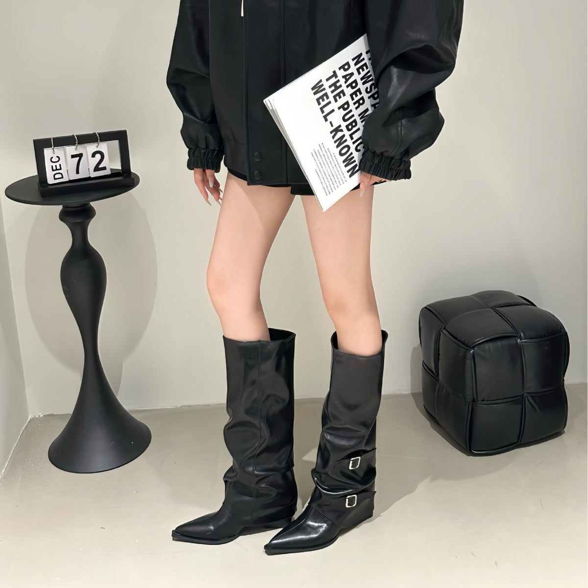 Pants Pointed Long Female Black Pile Style Women's Leather Boots
