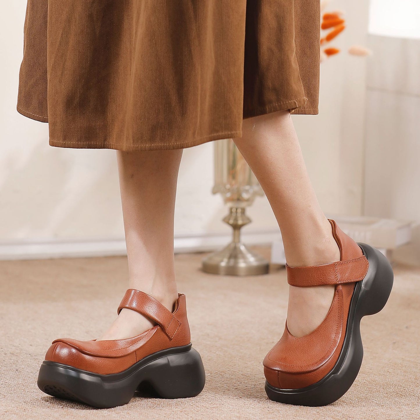 Women's Retro Platform Cowhide Washed With Pumps Women's Fashion Shoes