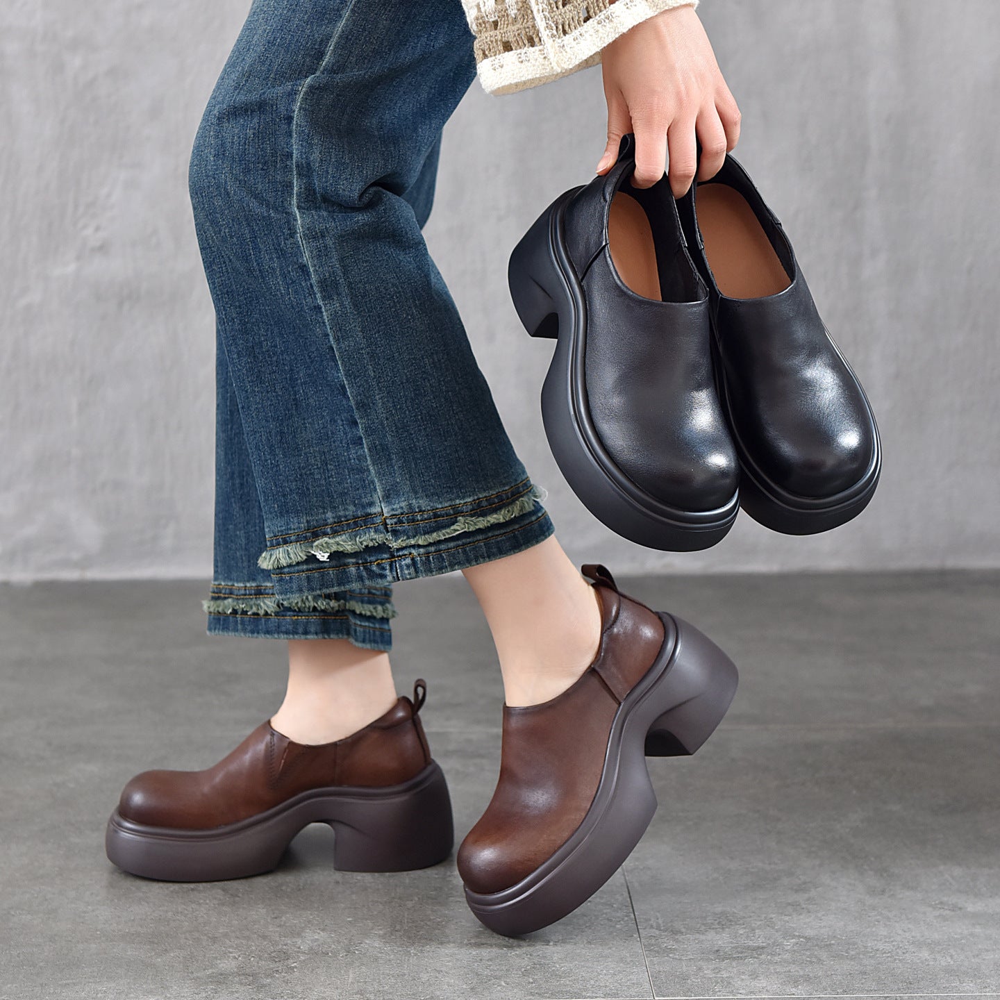 Women's Platform Genuine Pumps Deep Mouth Spring First Layer Cowhide Round Women's Fashion Shoes
