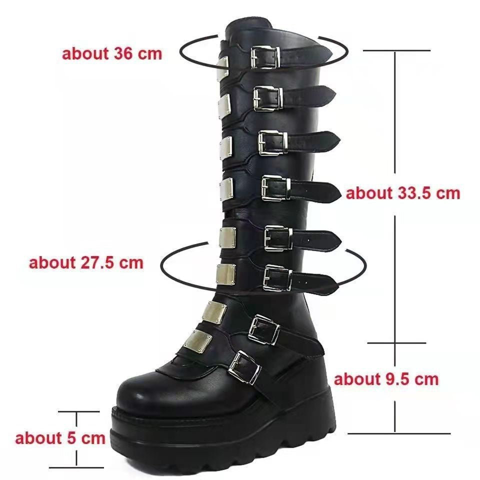 Women's Metal Buckle With Platform High Female Plus Women's Leather Boots