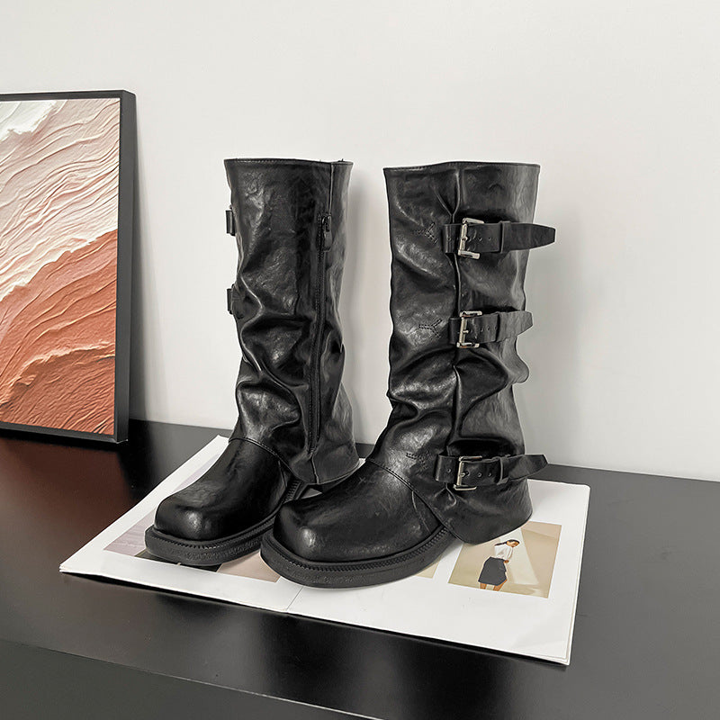 Elevated Thick-soled Belt Buckle Pantyhose Middle Chunky Women's Leather Boots