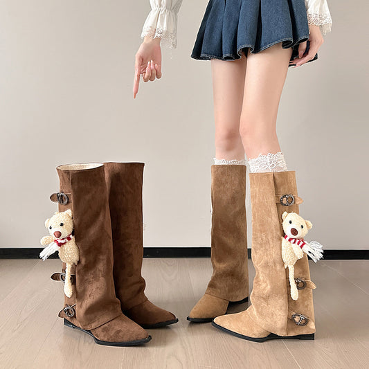 Women's Long Female Khaki Suede Chunky Slimming Pleated Pile Women's Leather Boots