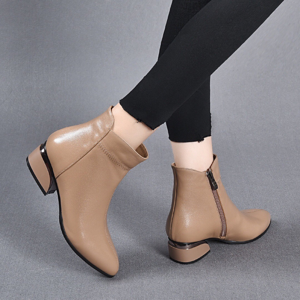 Women's Genuine Flat Soft Booties Pointed Toe Chunky Women's Leather Boots