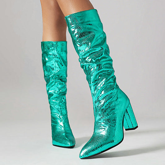 Women's Snake Pattern Thick Super Knight Waterproof Platform Pointed Women's Leather Boots