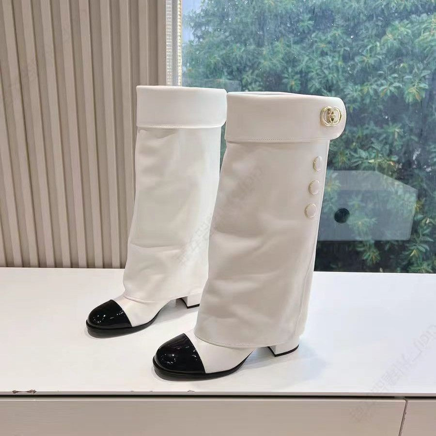 Women's Toe Knight Chunky High Leg Genuine Below The Knee Long Women's Leather Boots