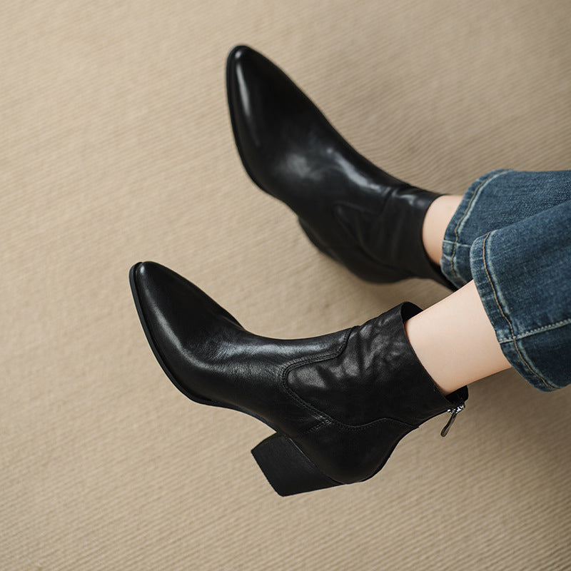 Women's French Retro Pointed Toe Mid Single Martin Ankle Women's Leather Boots