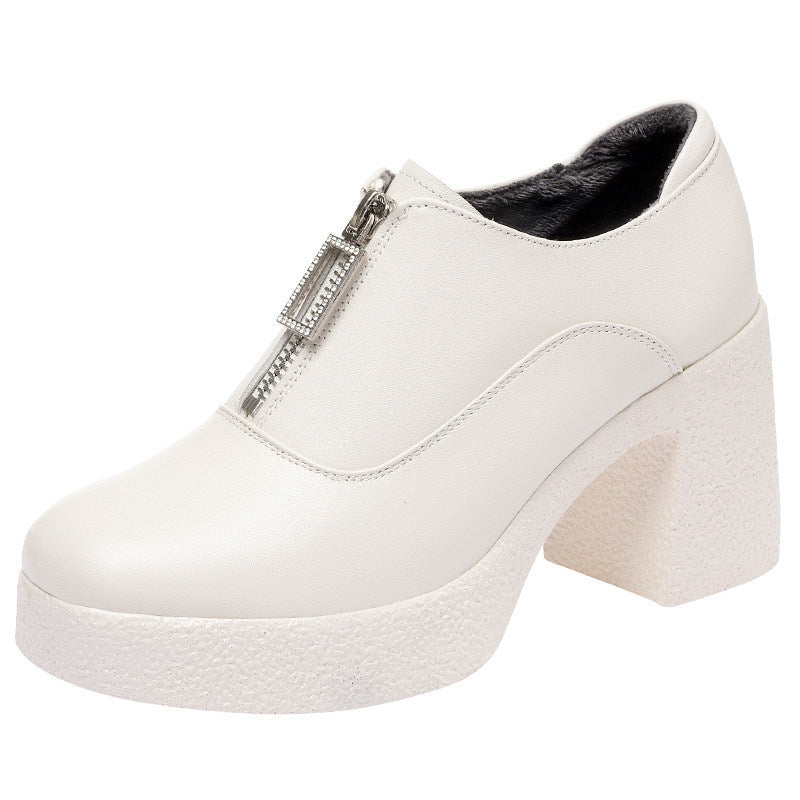 Women's Genuine Chunky Platform White High Not Tired Soft Bag Feet Heels