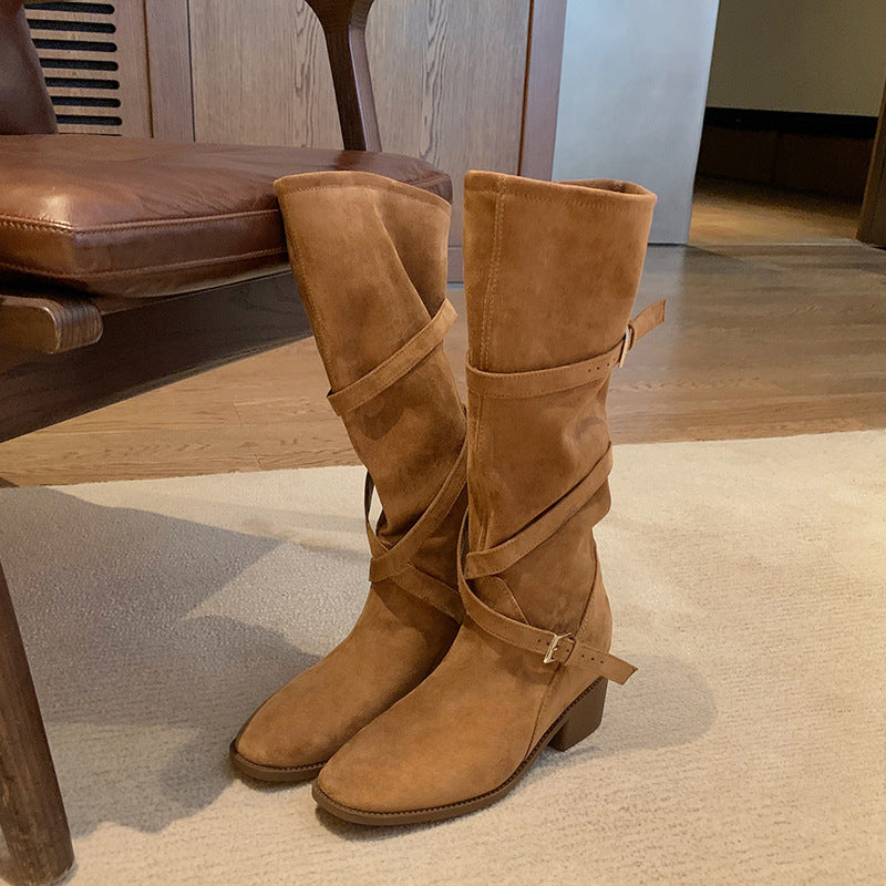 Large Long Leg Tip Round Head Cross With Thick High Boots
