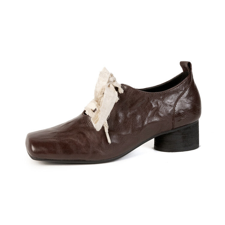 Women's Ballet Inside Outside Retro Square Head Bow Thick Mid Deep Heels