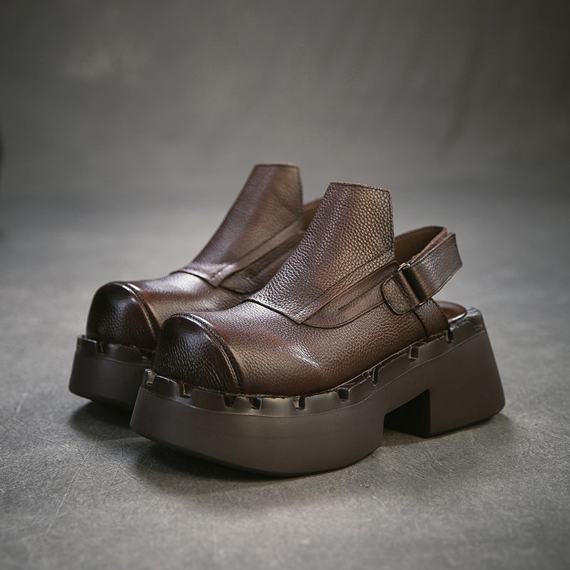 First Layer Cowhide Closed Toe Back Empty Velcro Fashion Fashionable Platform Sandals