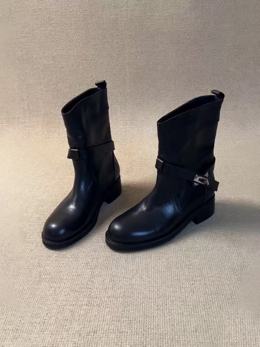 Women's Soft Round Head Chunky British Style Metal Buckle Versatile Women's Leather Boots