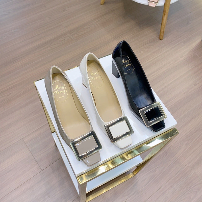 Women's Buckle Patent High Toe Low-cut Metal Temperament Heels