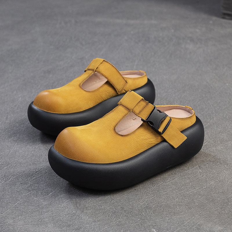 Women's First Layer Cowhide Closed Toe Light Luxury Minority Thick-soles Slippers