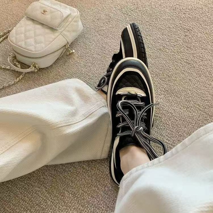 Women's Cowhide Panda Color Block Platform Height Sneakers