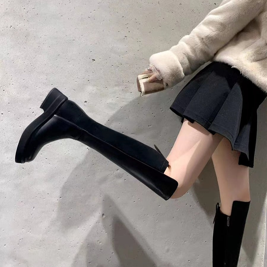 Women's Cowhide Winter Thick Bottom Small Elastic Knight Women's Leather Boots