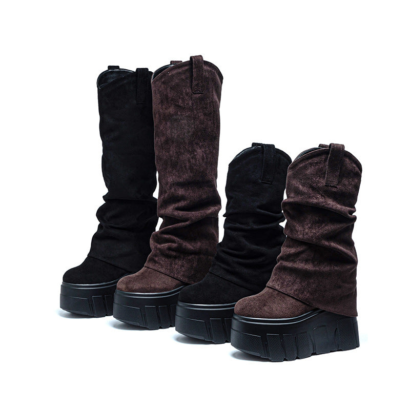 Thick Bottom Ruffle Pantyhose Suede Height Increasing Insole Pile Style Women's Leather Boots